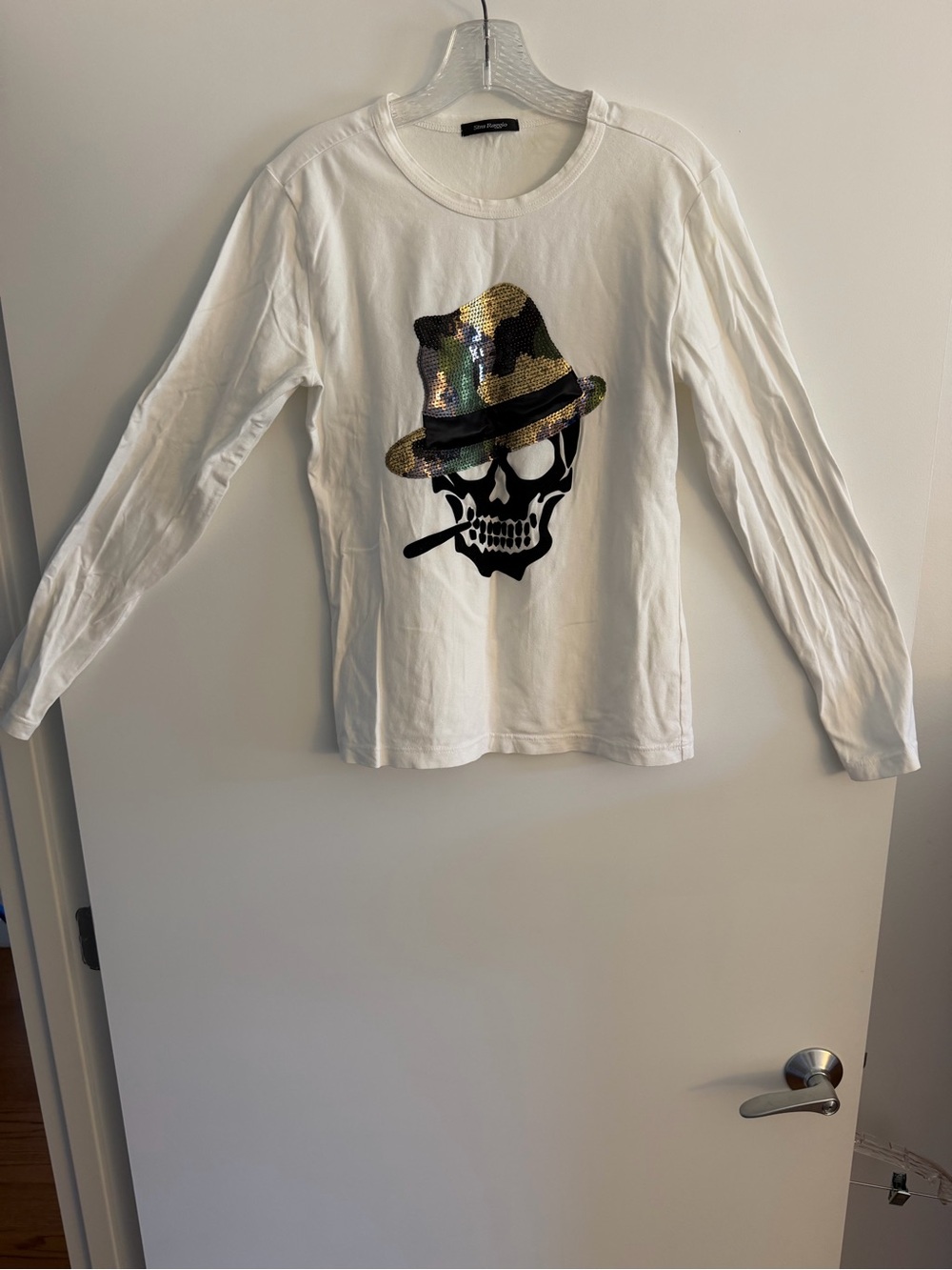 White Long-Sleeve Sequin Skull Tee with Hat Graphic